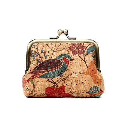 Cruelty-free vegan leather cork coin purse with snap and birds design perfect vegan gift for woman