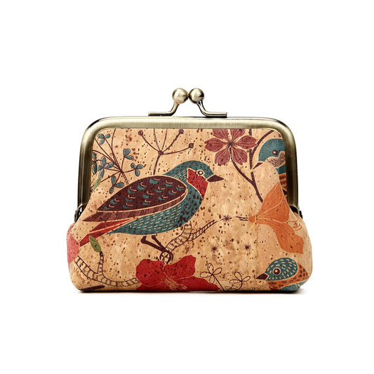 Cruelty-free vegan leather cork coin purse with snap and birds design perfect vegan gift for woman