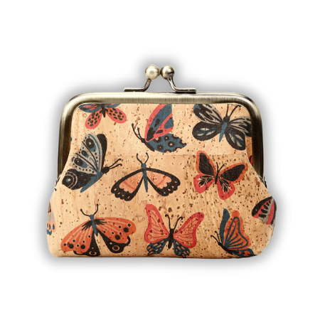 Vintage vegan coin purse with clasp, cork coin pouch with butterfly pattern
