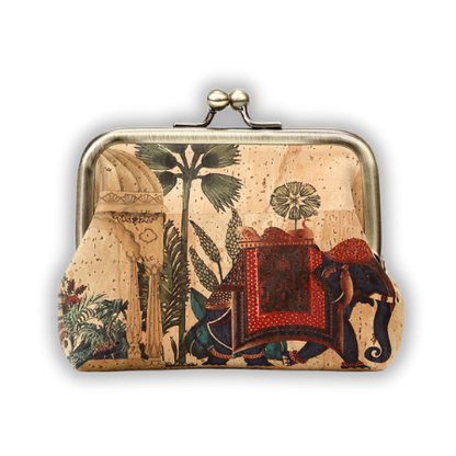 Vintage vegan coin purse with clasp, cork coin pouch with elephant pattern
