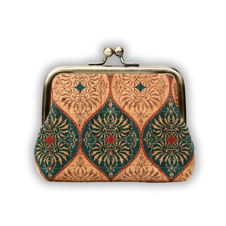 Vintage vegan coin purse with clasp, cork coin pouch with Portuguese tiles pattern

