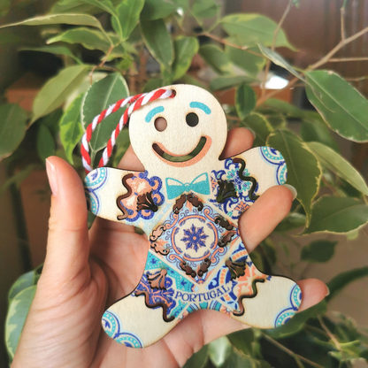 wooden Christmas ornament from Portugal with traditional gingerbread man decorated with azulejo tile patterm, great secret santa gift from Portugal, Portuguese Christmas tree decor,  Portuguese gift mum grandma friend cooworker employee