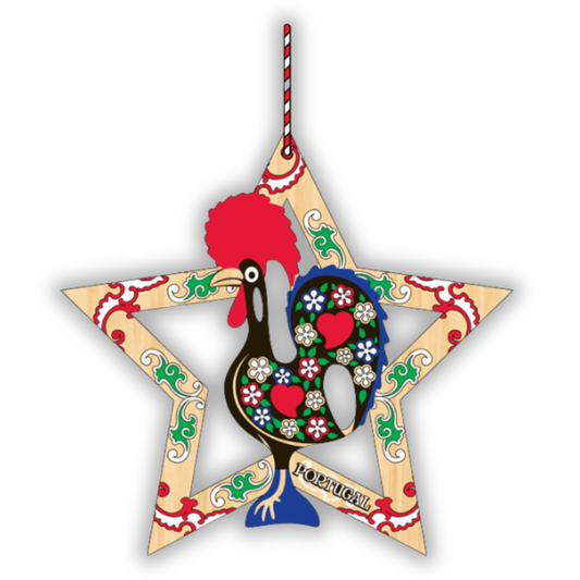 wooden star Christmas ornament from Portugal with traditional Portuguese rooster Galo de Barcelos, great secret santa gift from Portugal, Portuguese Christmas tree decor,  Portuguese gift mum grandma friend cooworker employee
